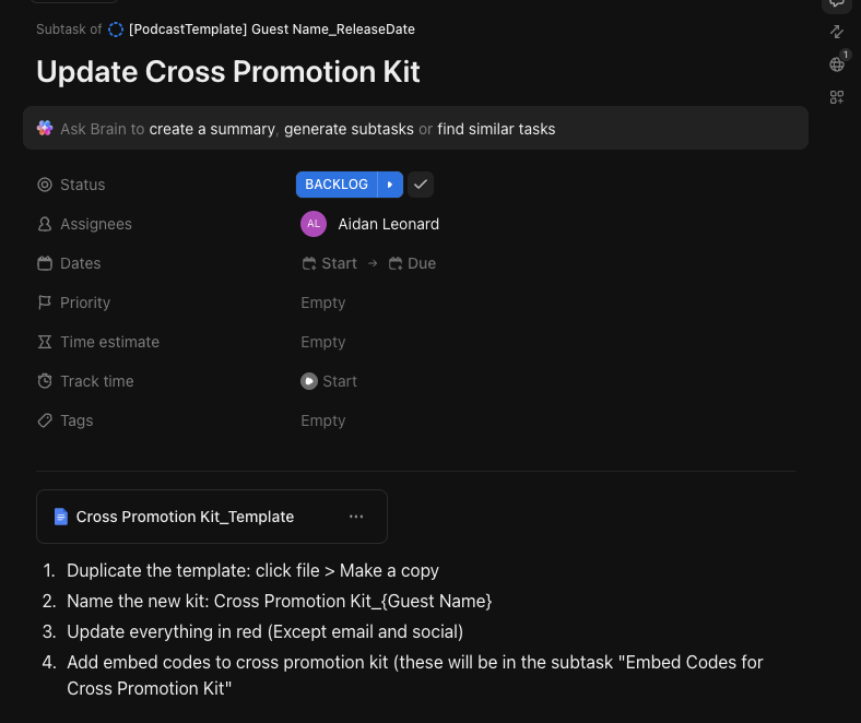 Cross-promotion kit subtask showing embedded instructions for guest deliverables
